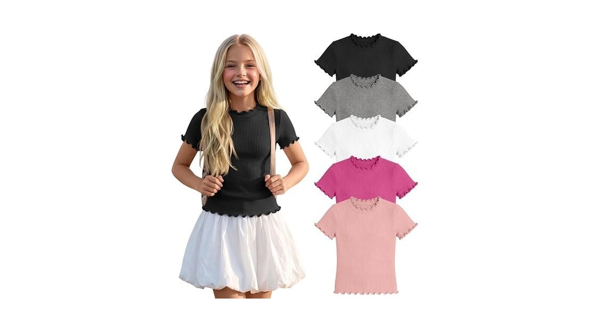 Yooaurvox 5 Pack Girls' T Shirts Ribbed Knit Short Sleeve