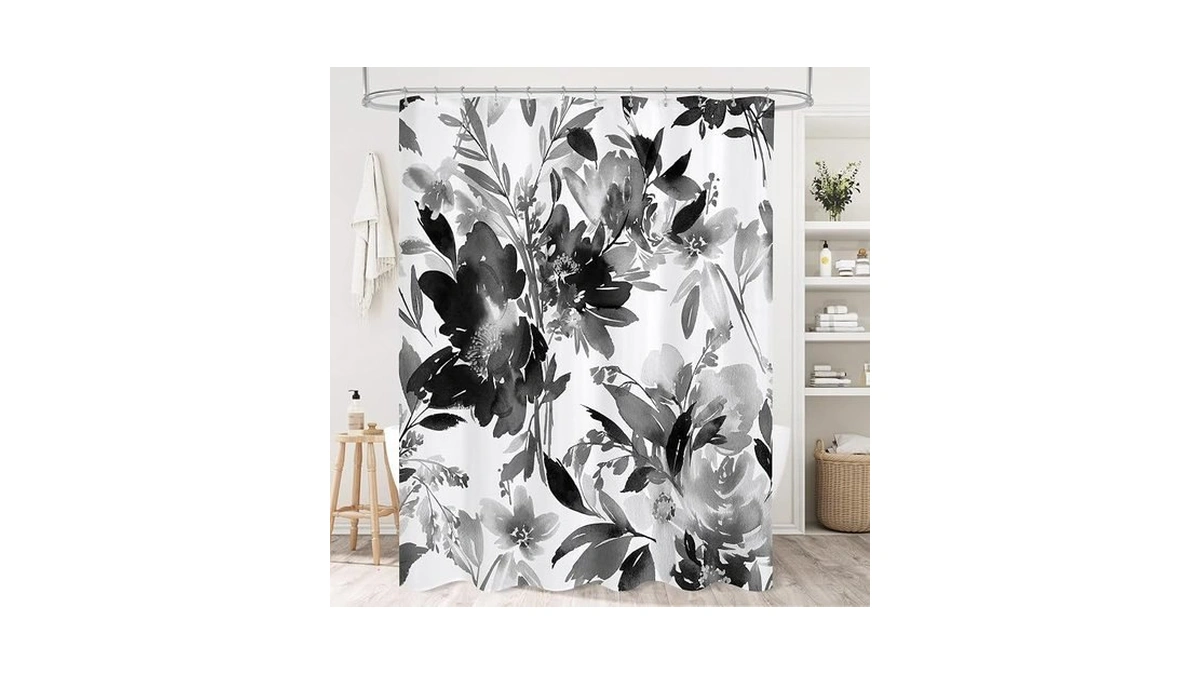 Litabel Black Watercolor Floral Shower Curtain, Plant Leaves With Flower