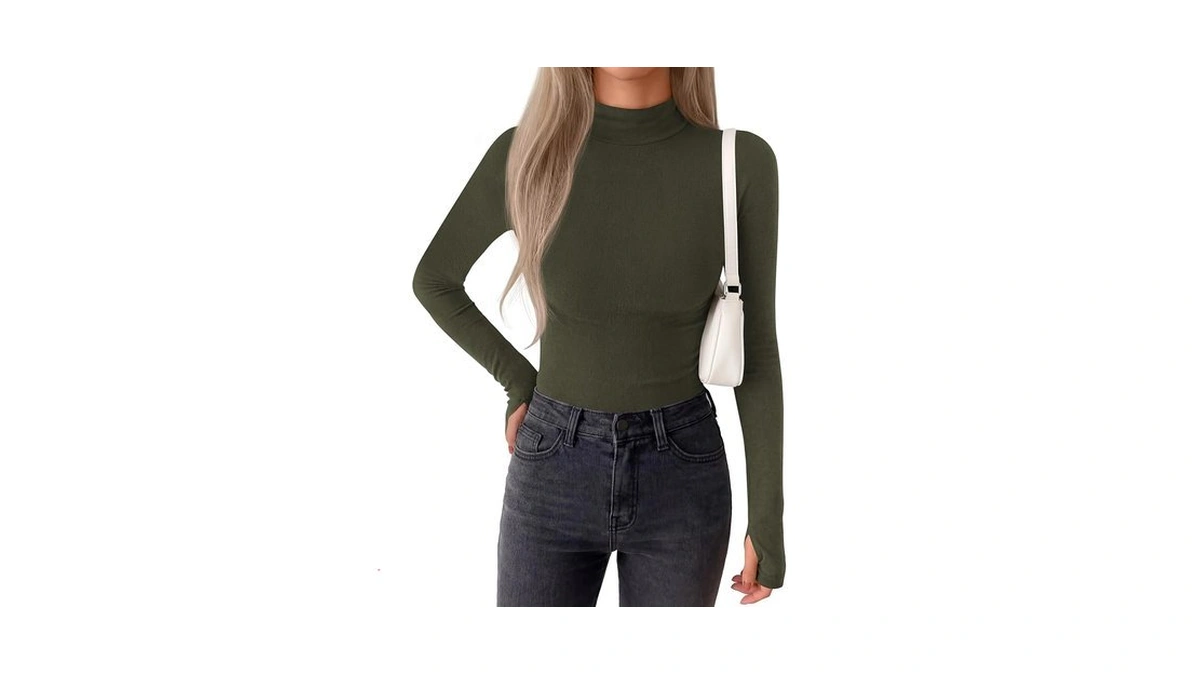 Btfbm Turtleneck Tops For Women Thumbhole Long Sleeve Shirts Army