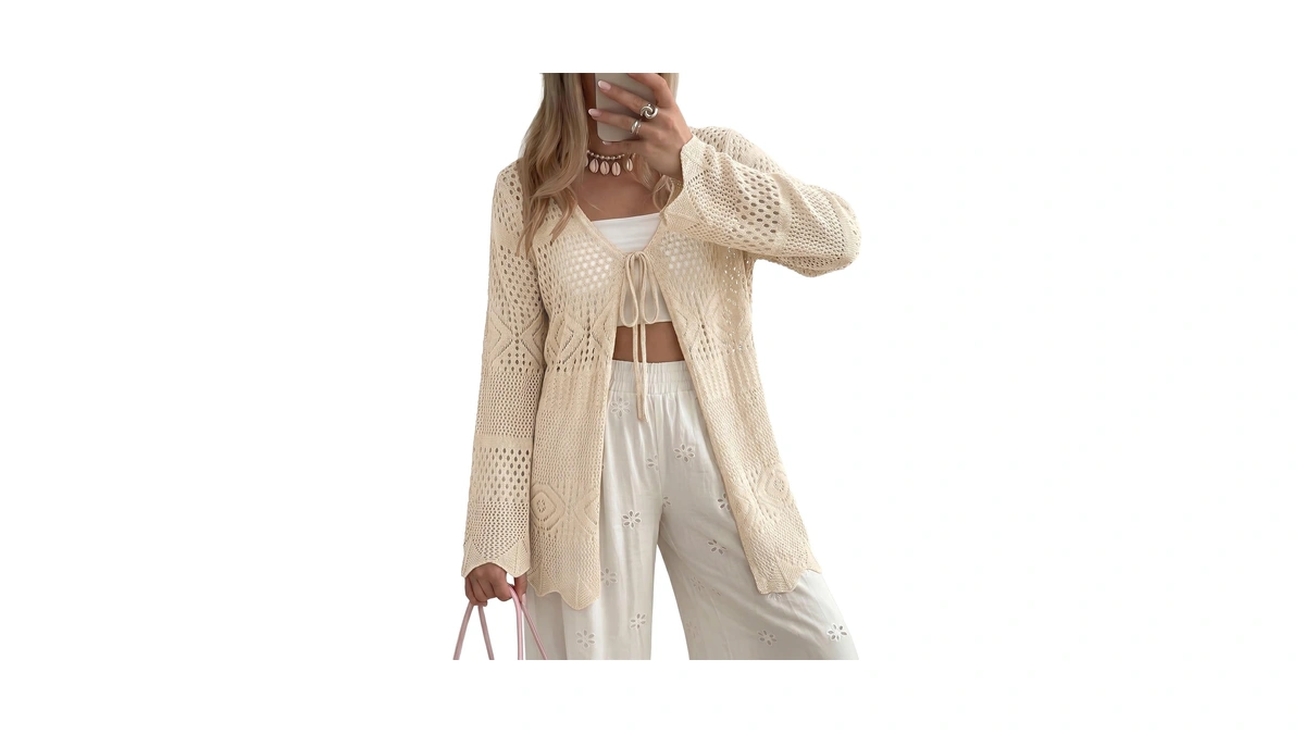 Shewin Cardigans For Women Summer Crochet Cardigan Lightweight Boho Tie
