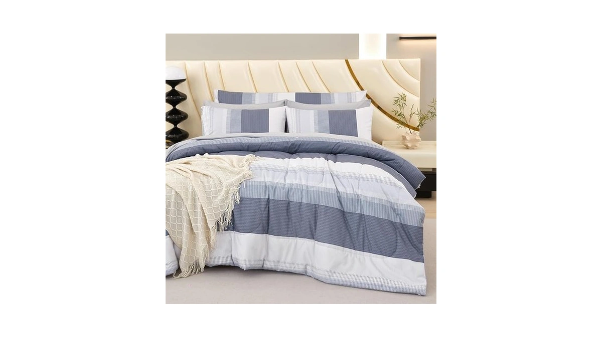 Rynghipy Queen Size Bed Sets 8 Pieces: Light Grey Stripe