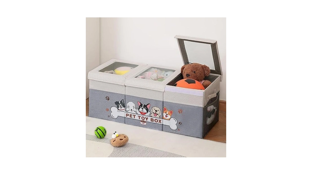 Garlloupath Dustproof Dog Toy Box With Transparent Lid, 3 Grids