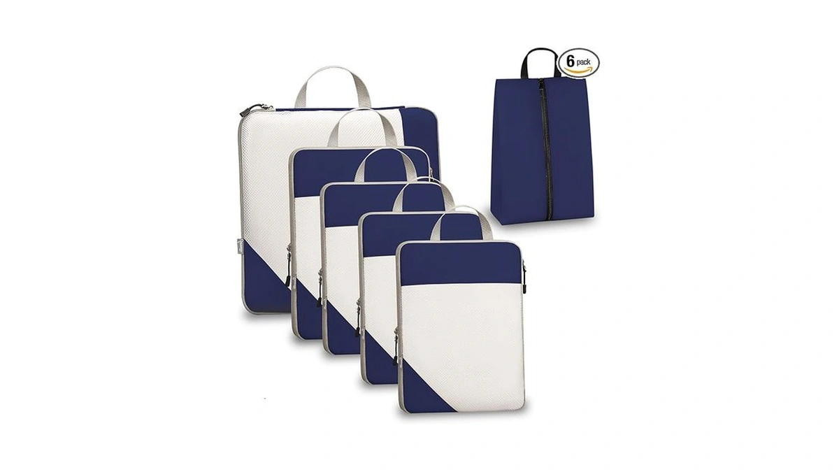 Sonnetto Compression Travel Packing Cubes With White Mesh, Blue, 6pcs