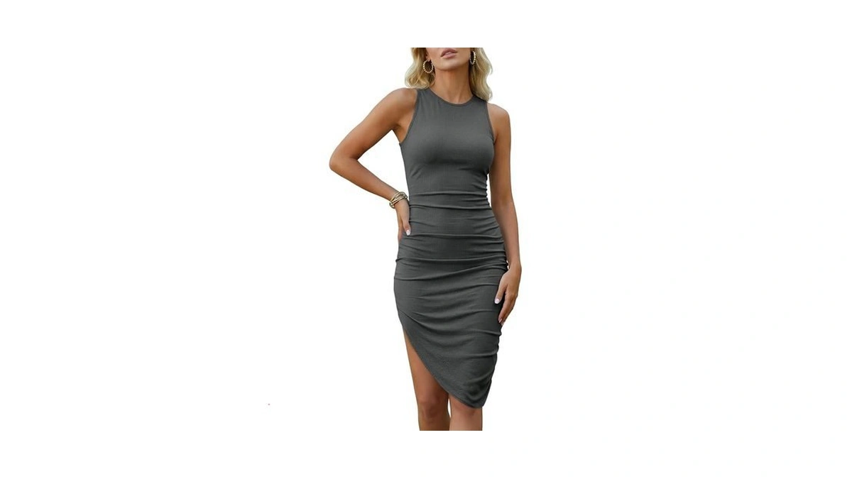 Wenrine Womens Summer Tank Dress Casual Sleeveless Ruched Bodycon High