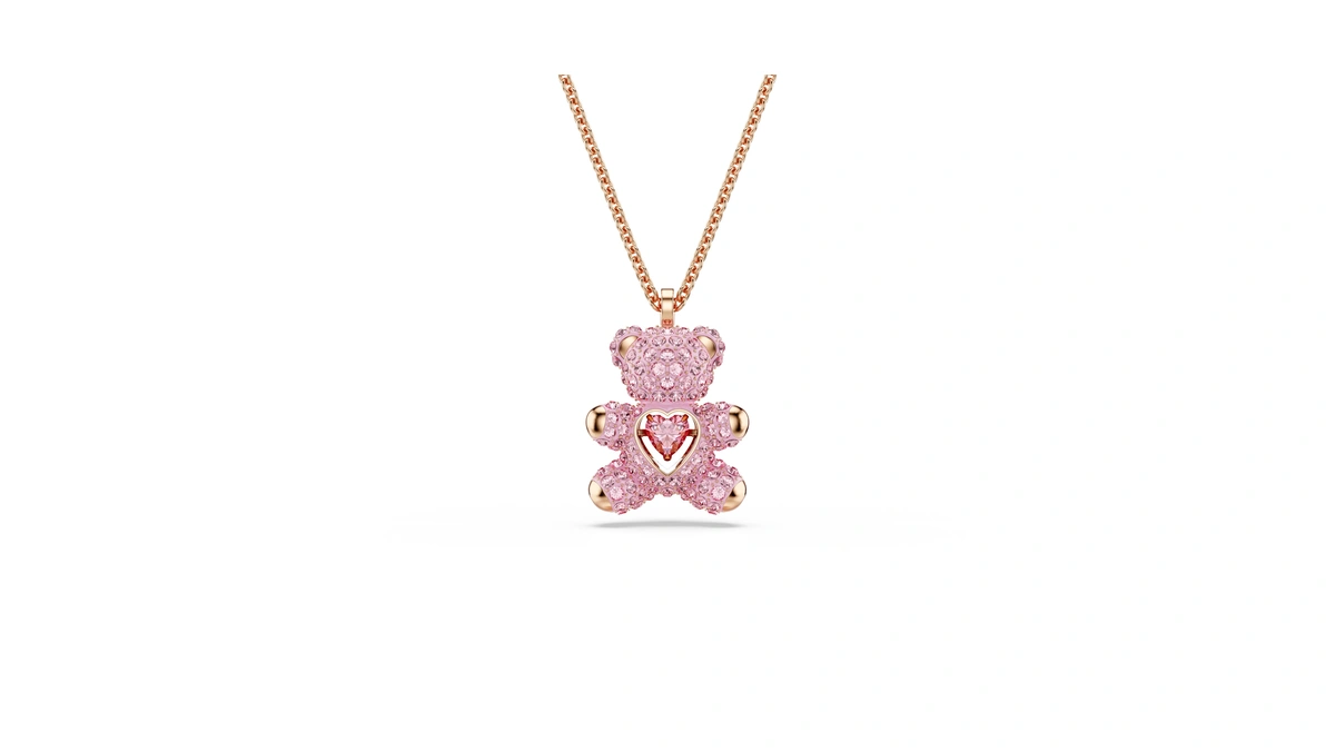Swarovski Teddy Bear Pendant Necklace, Pink Crystals, Rose Gold-tone Finish