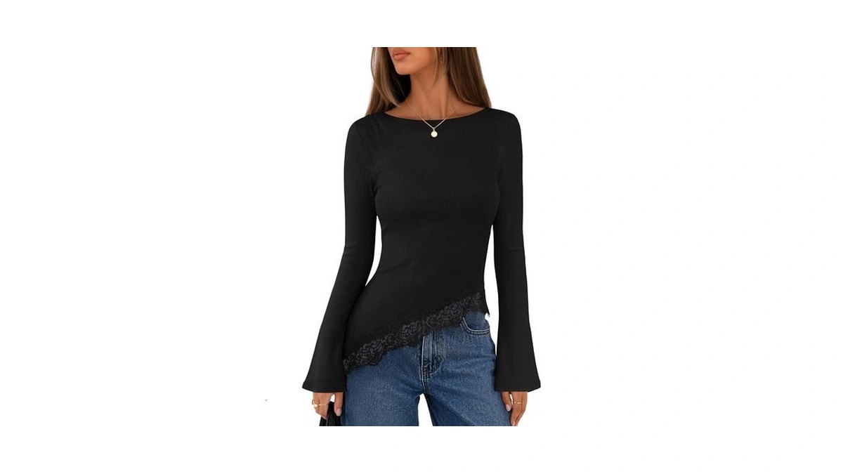 Merokeety Women's Asymmetrical Lace Boat Neck Long Sleeve Tops, Black,