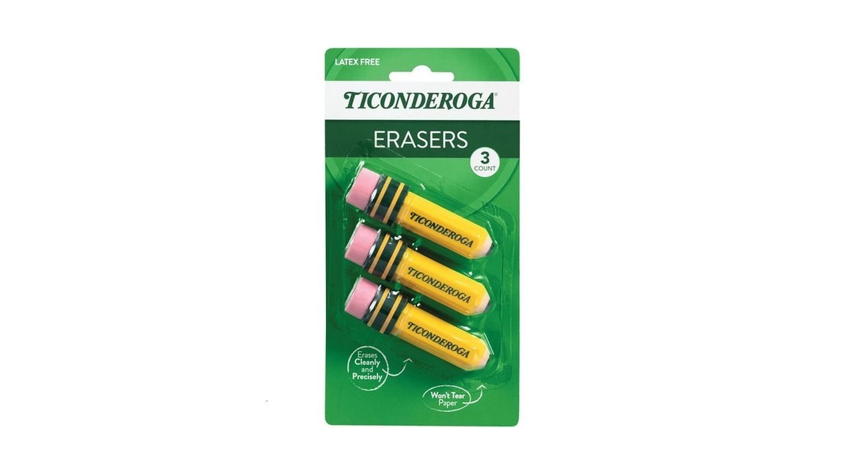 Ticonderoga ® Erasers, Pencil Shaped, Yellow, 3 Ct (38953)