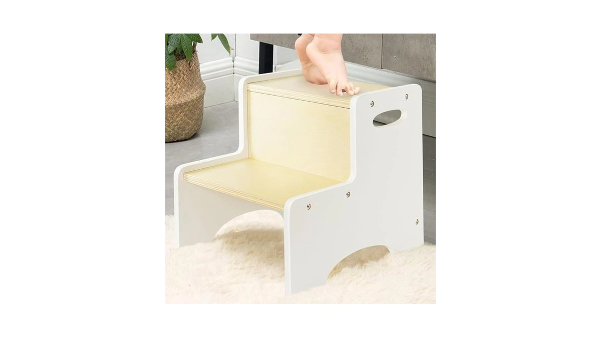 Wood City Kids Step Stool For Toddler, Wooden White-natural Patchwork