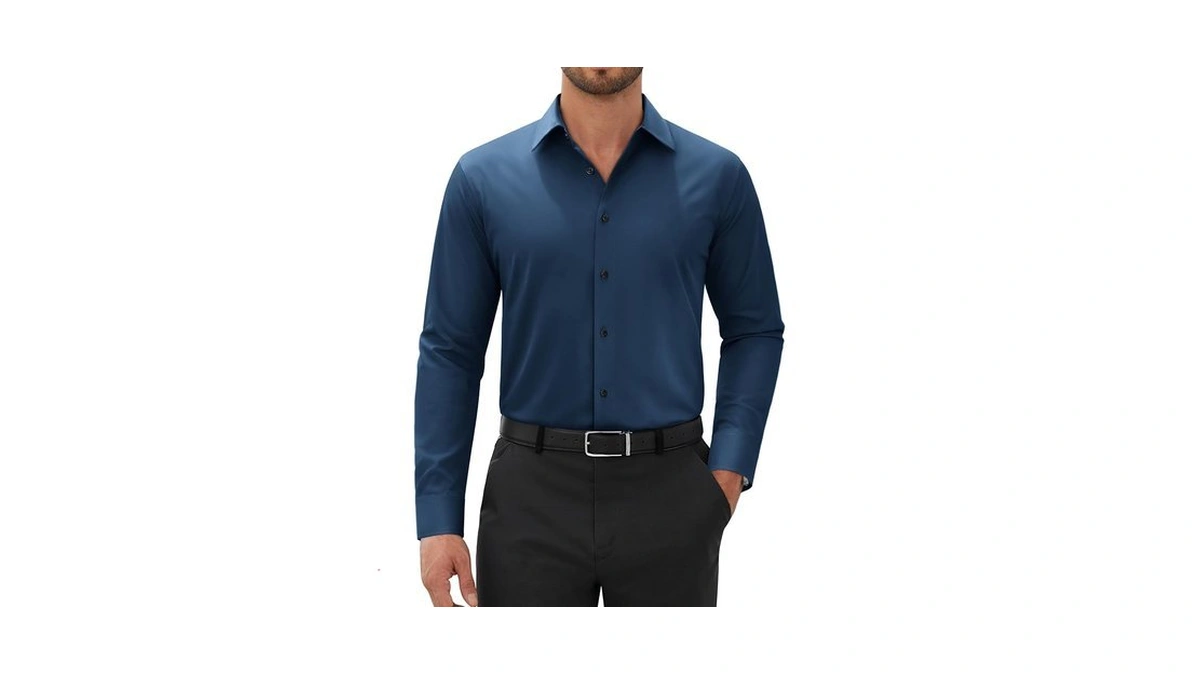 Alimens & Gentle Navy Blue Dress Shirt Men Stretchy Stylish