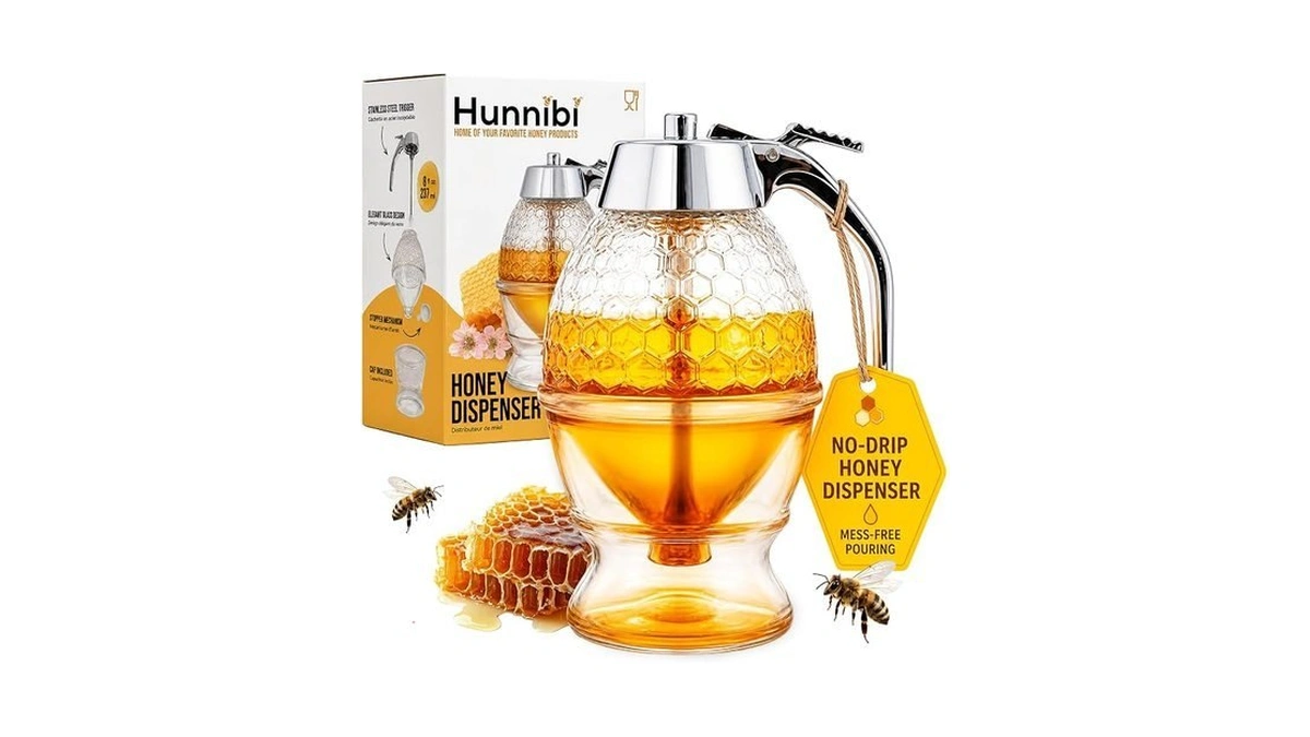 Hunnibi 8oz No Drip Glass Honey Dispenser With Plastic Top