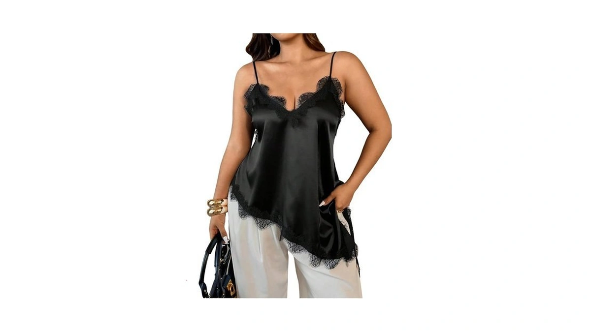 Oyoangle Women's Plus Size Satin Camisole Tops Lace Trim V