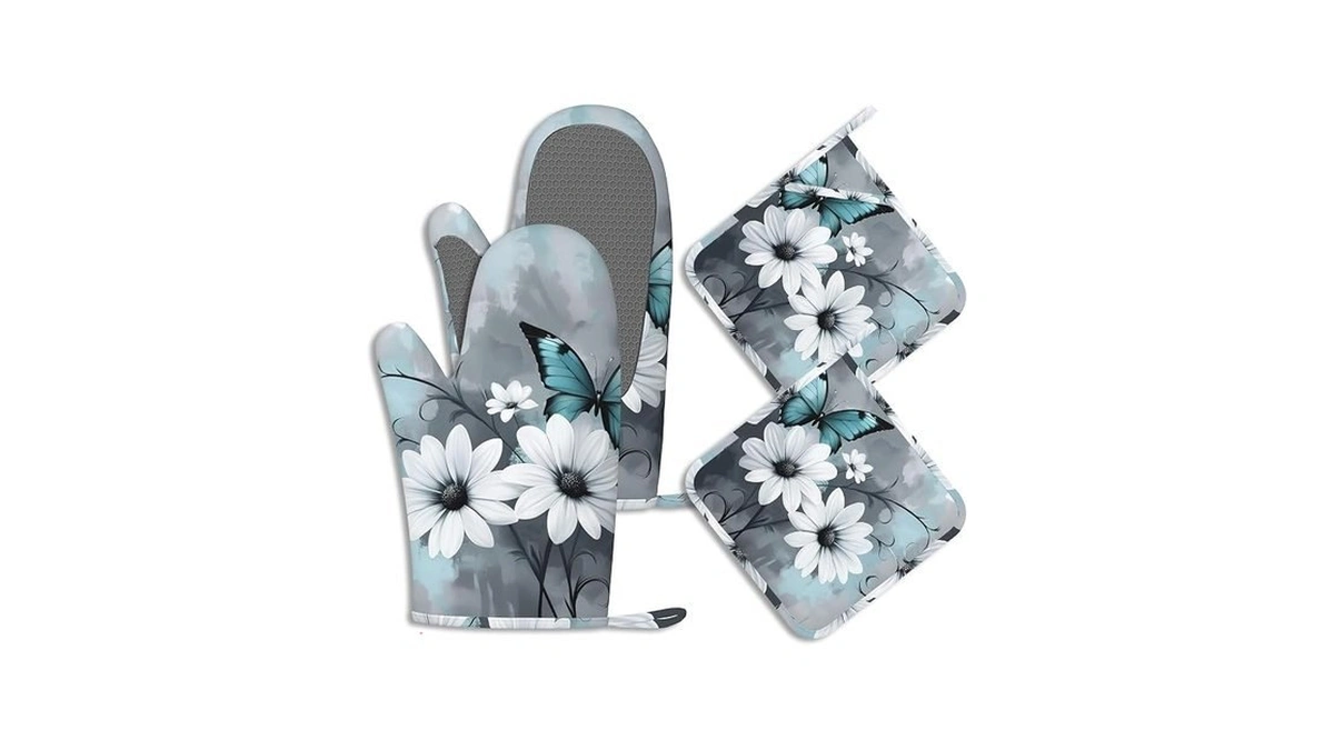 Turquoise Daisy Butterfly Oven Mitts And Pot Holders Sets Of