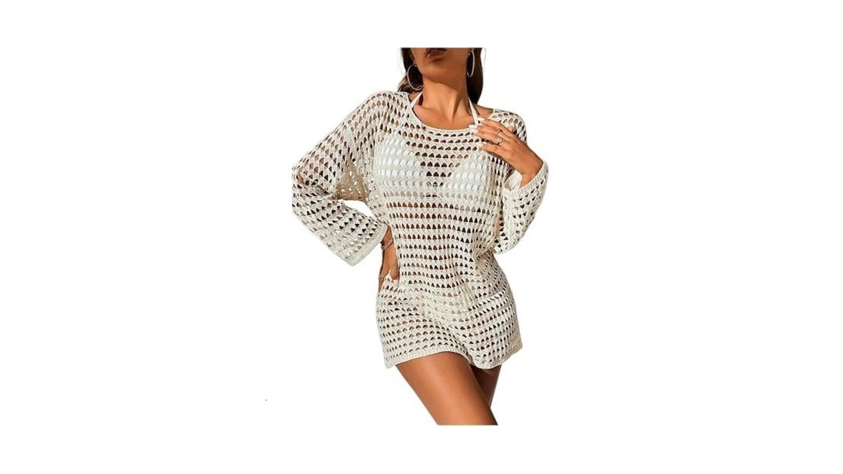 Shenhe Women's Crochet Knit Beach Cover Ups Dress Long Sleeve