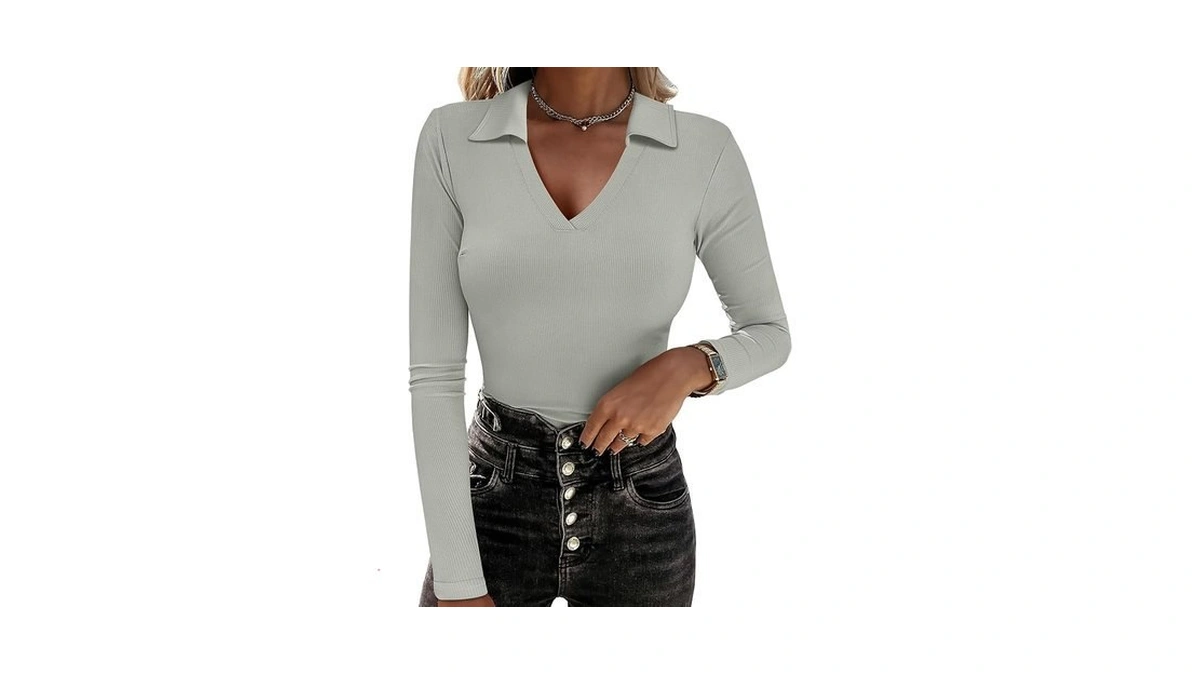 Anrabess Women Long Sleeve Polo Shirts V Neck Slim Rib