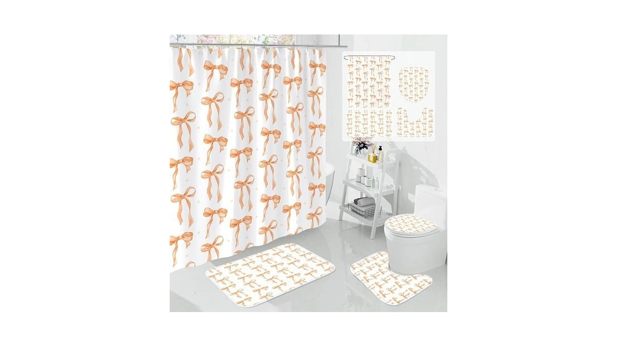 Litabel 4pcs Cute Orange Bow Shower Curtain Sets With Rug,
