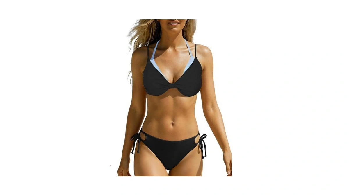 Wodecasa Women's Color Block Double Layer Bikini Sets V Neck