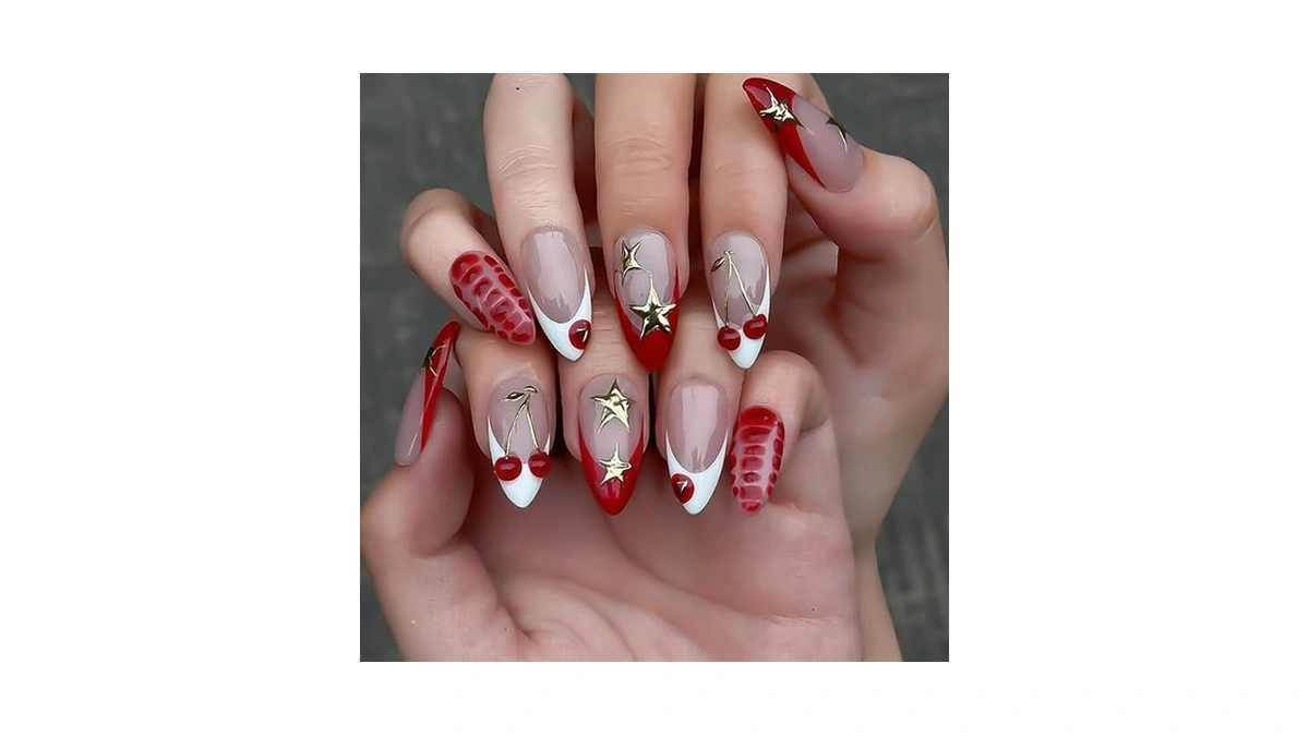 Red French Tip Press On Nails Almond Medium Fake Nails