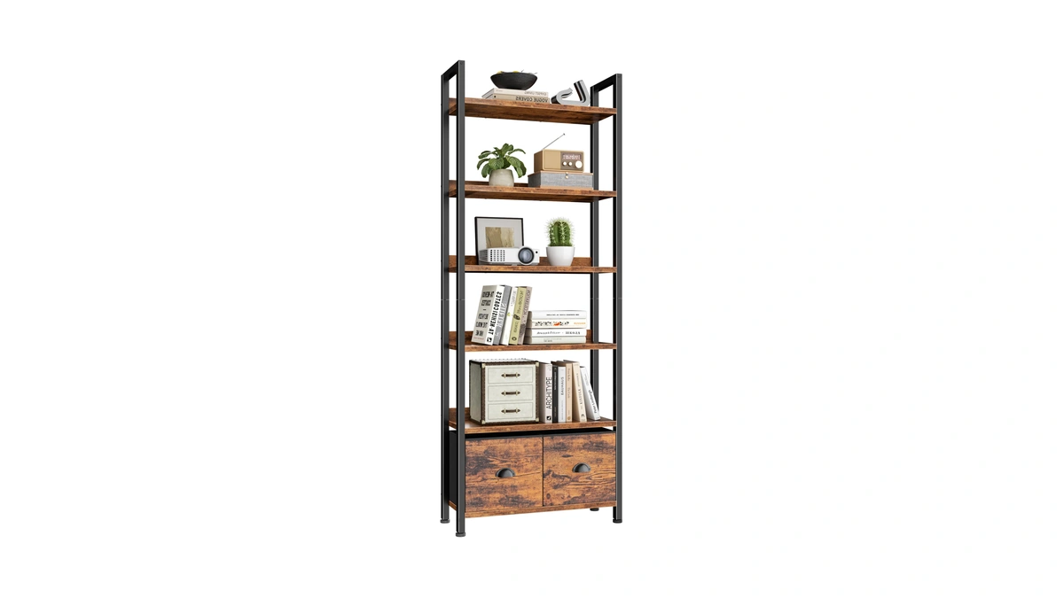 Furologee 6-tier Bookshelf, Tall 71" Rustic Bookcase With 2 Drawers
