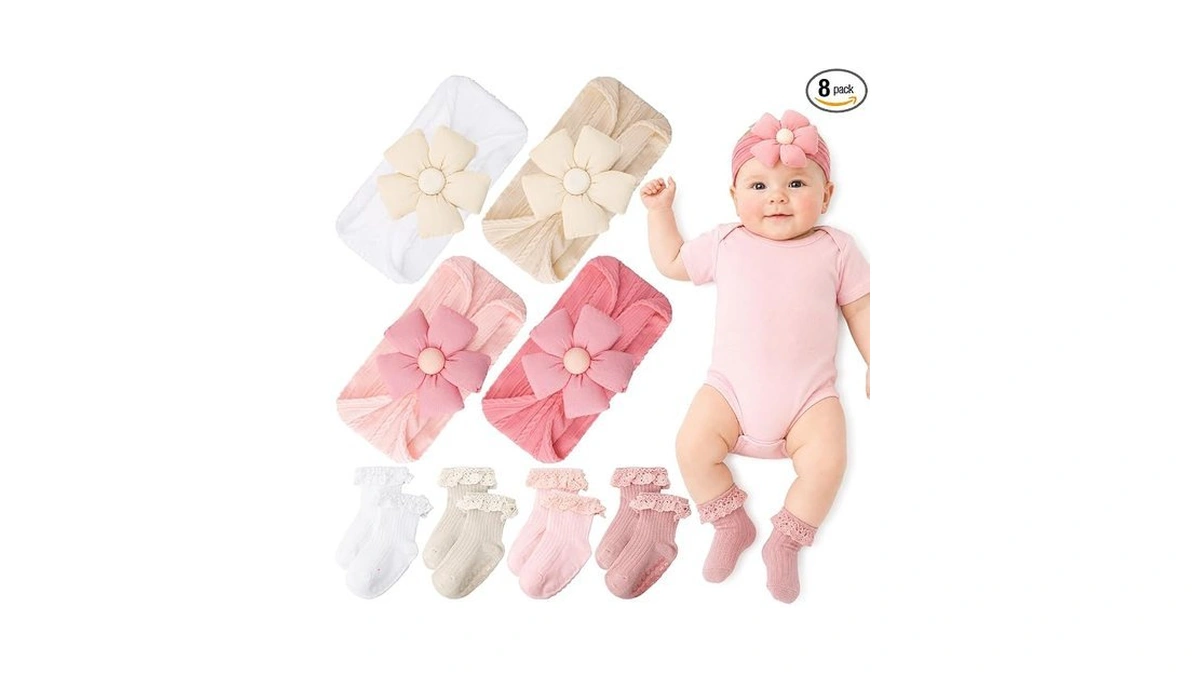 Jatebi Baby Girls Floral Lace Headband Anti Slip Socks Set