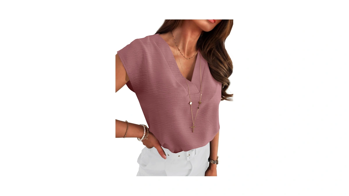 Anrabess Women Tops Cap Sleeve Dressy Casual V Neck Shirts