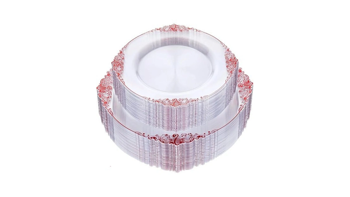 Nervure 100pcs Clear And Red Plastic Plates - Clear Red