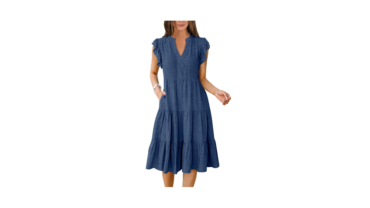 Anrabess Womens Summer Dress Ruffle Sleeve V Neck Midi Dresses