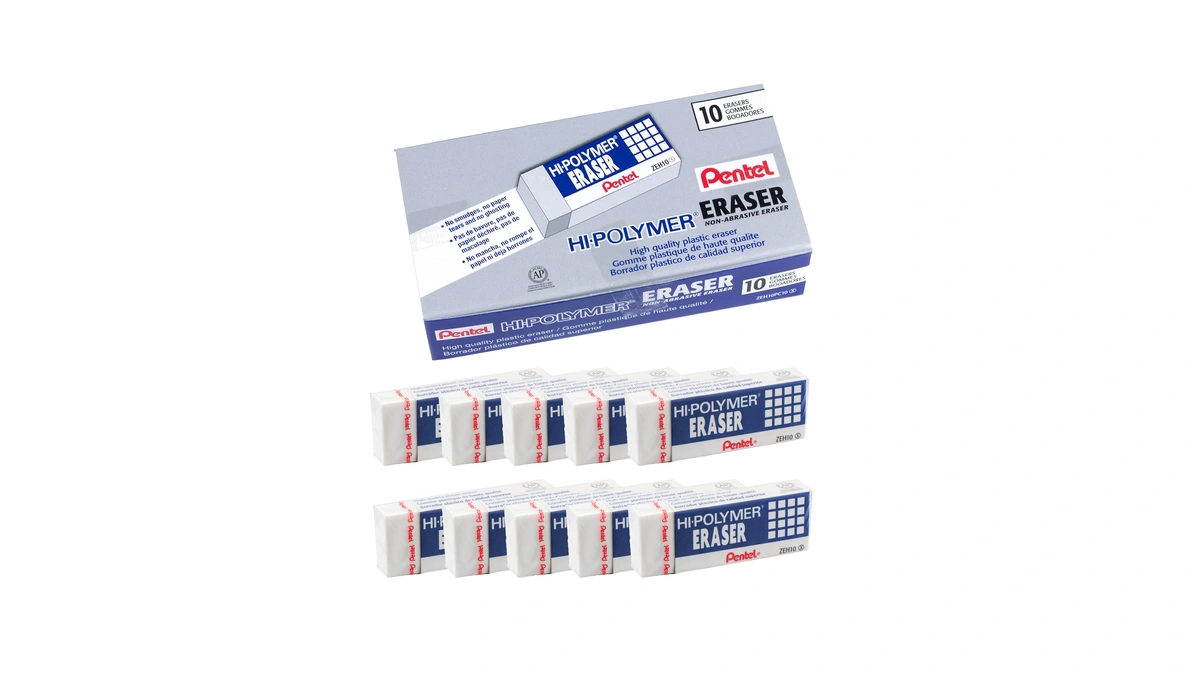 Pentel Hi-polymer Block Eraser, Large, White, Pack Of 10 Erasers