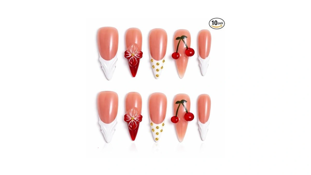 Intovibes 10 Pieces Handmade Long Almond Press On Nails, White