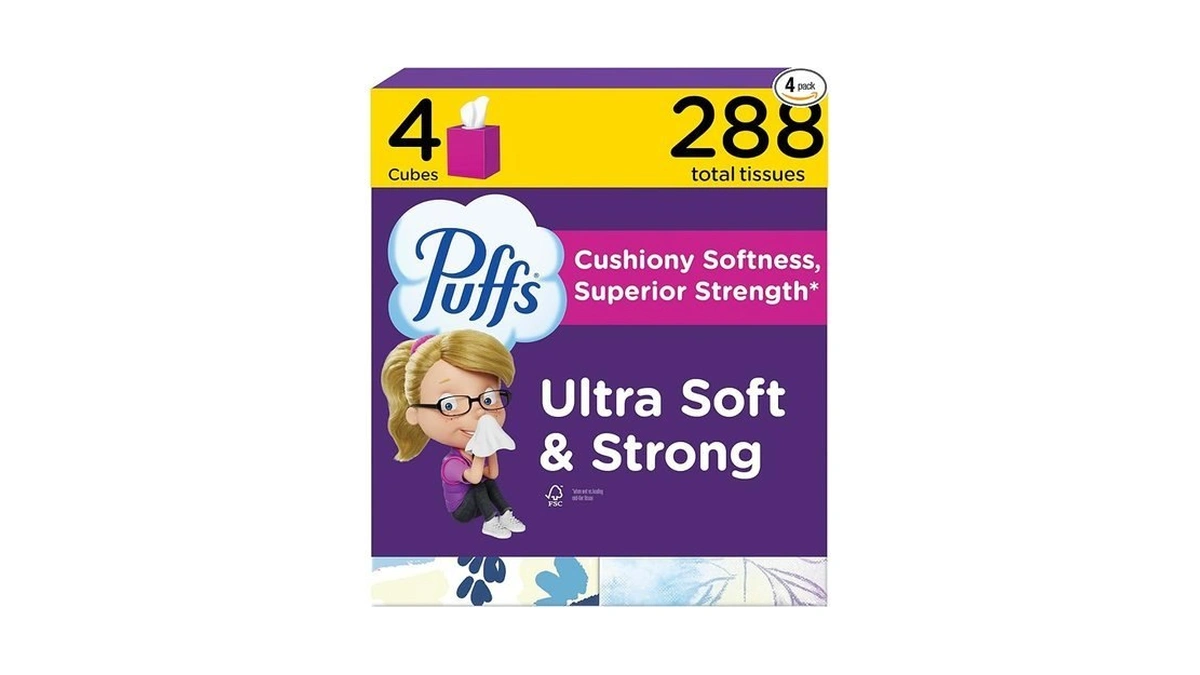 Puffs Facial Tissues Ultra Soft, 4 Mega Cube Boxes, 72