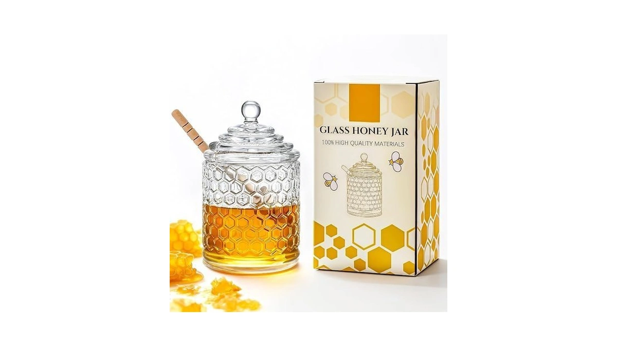 Kanpura Clear Crystal Honey Pot With Dipper And Lid Glass