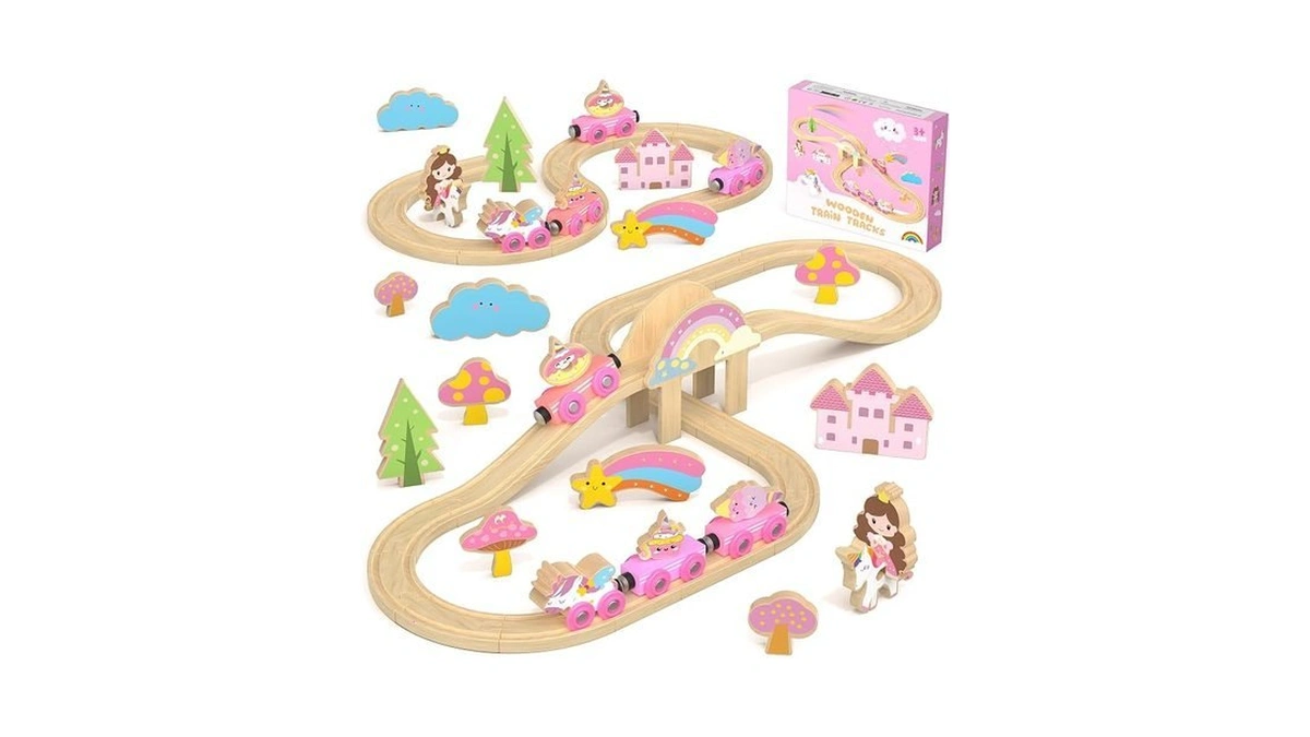 Hot Bee Wooden Train Set For Toddlers 2-4, 38-piece Unicorn