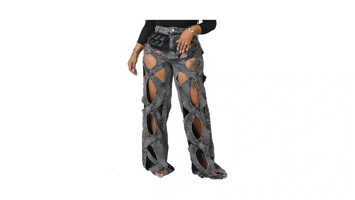 Women Sexy Hollow Out Baggy Jeans Y2k High Waisted Straight