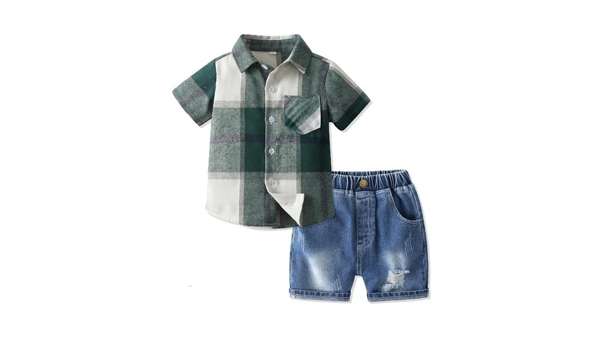 Volunboy Summer Toddler Boy Clothes Green Plaid Button Down Shirt