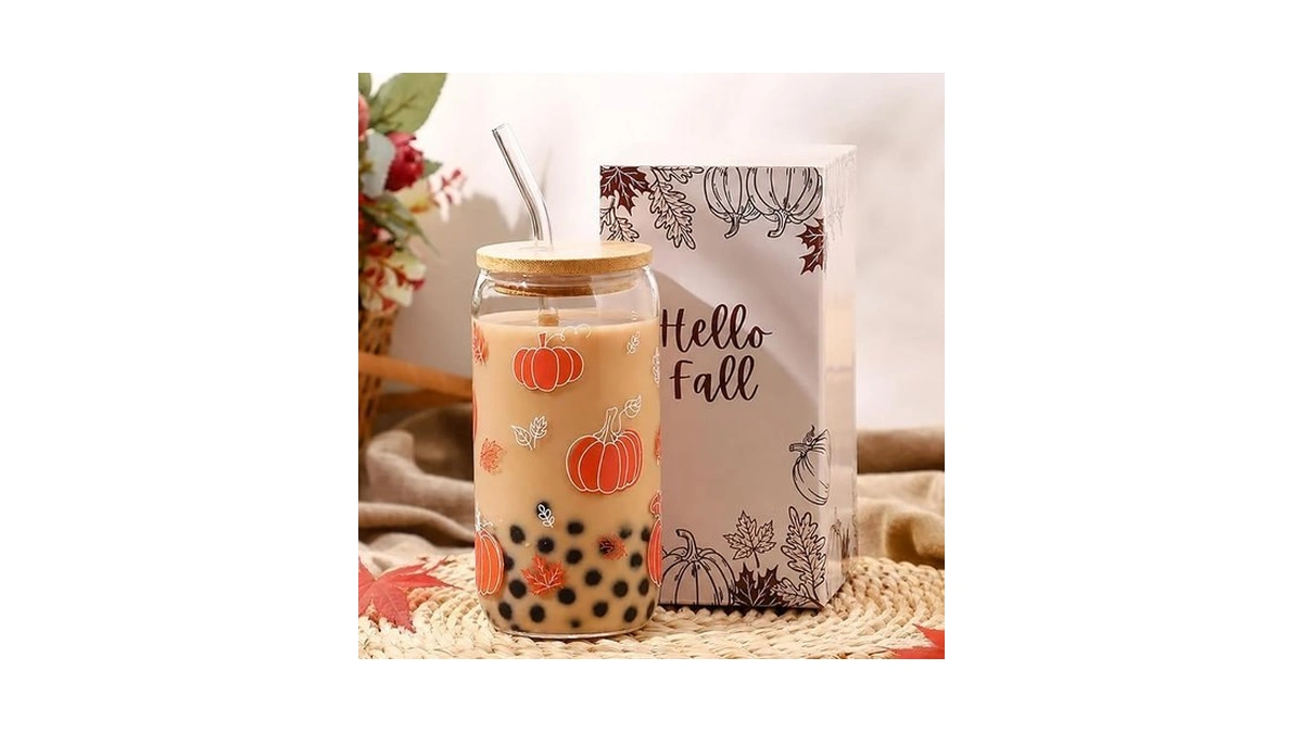 Celebloom Fall Pumpkin Glass Cup With Lid And Straw Thanksgiving