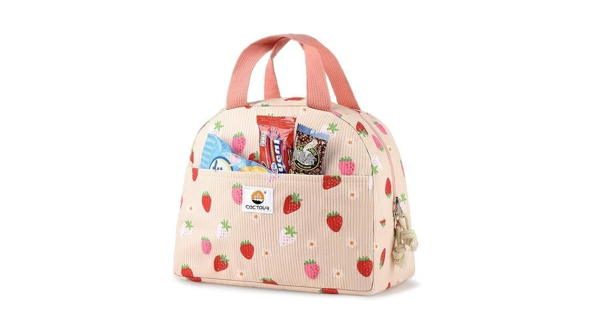 Cactour Lunch Box For Women Girls, Cute Strawberry Corduroy Insulated