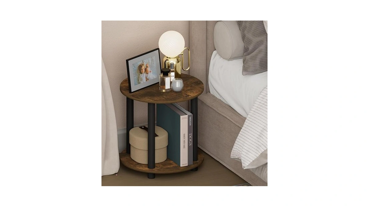 Furinno Turn-n-tube Night Stand, 2-tier Small Round Nightstand, Toolless Assembly