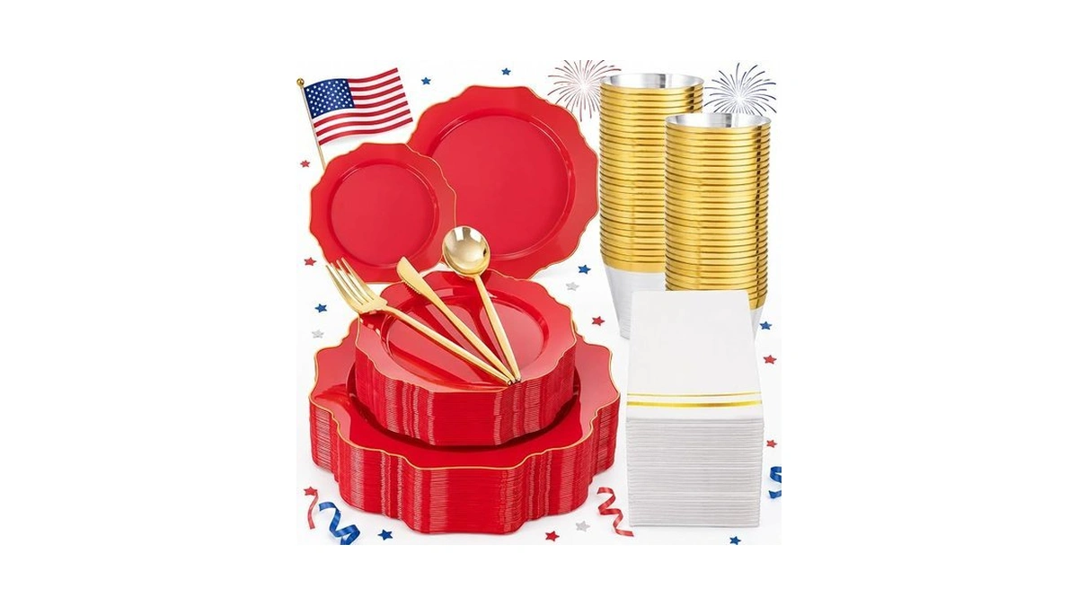 Wdf 175pcs Red Plates - Red Plastic Plates With Gold