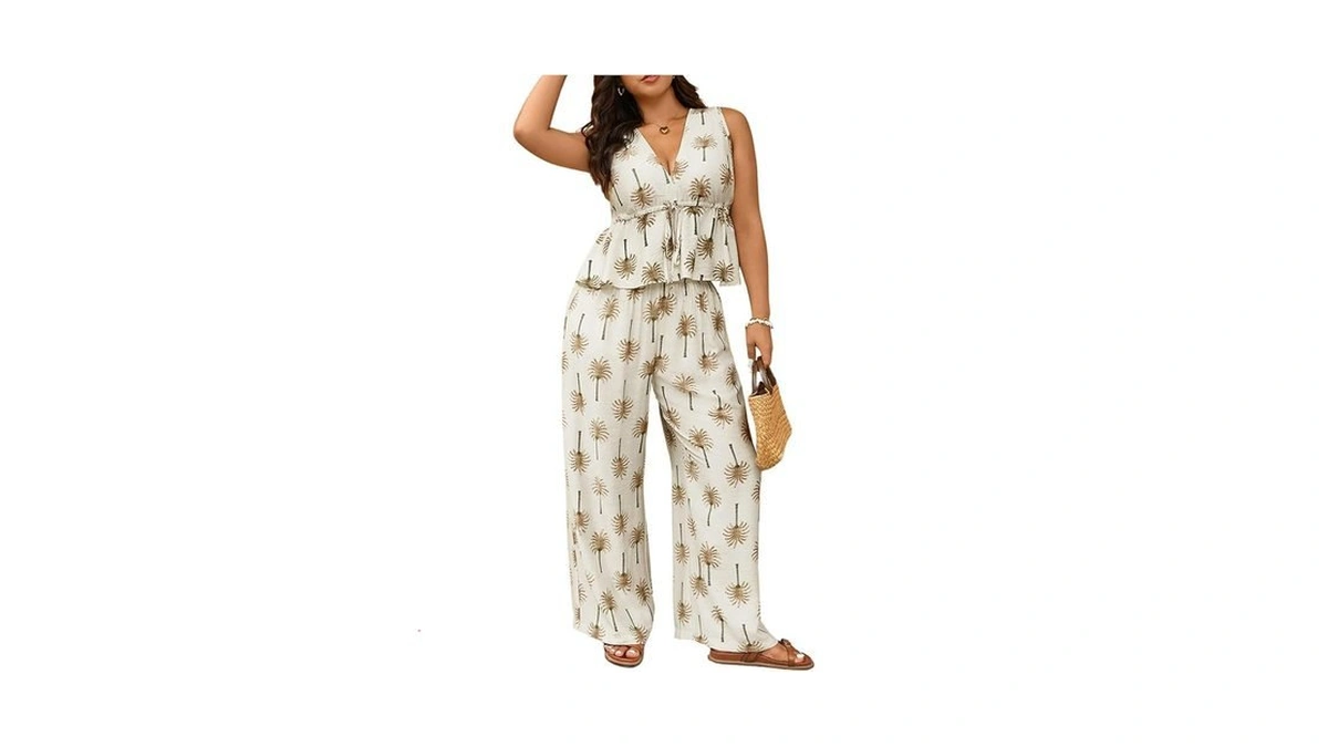 Oyoangle Women's Plus Size 2 Piece Outfits Floral V Neck