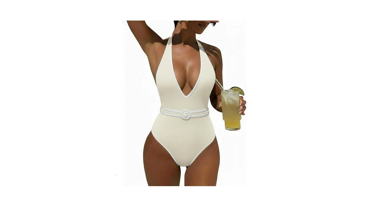 Finesatile One Piece Swimsuit For Women Deep V Neck Halter