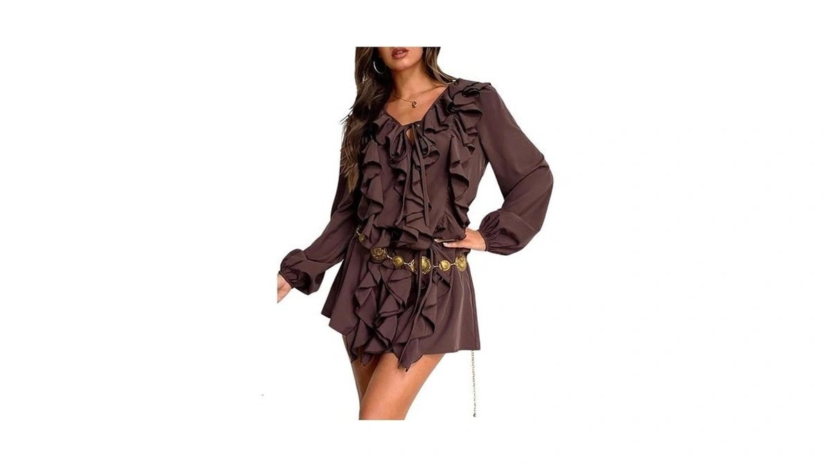 Makemechic Women's Chiffon Ruffle Mini Dress Y2k Long Sleeve V