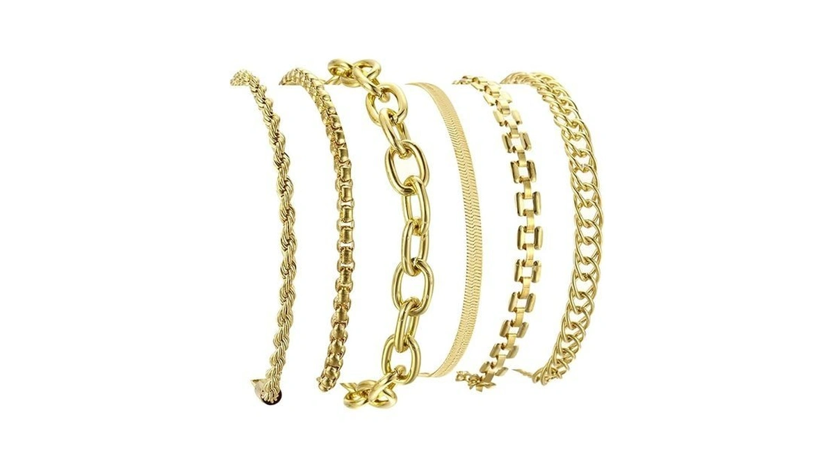 Xiuqilai 6pcs Gold Bracelets Set For Women, Adjustable 14k Gold