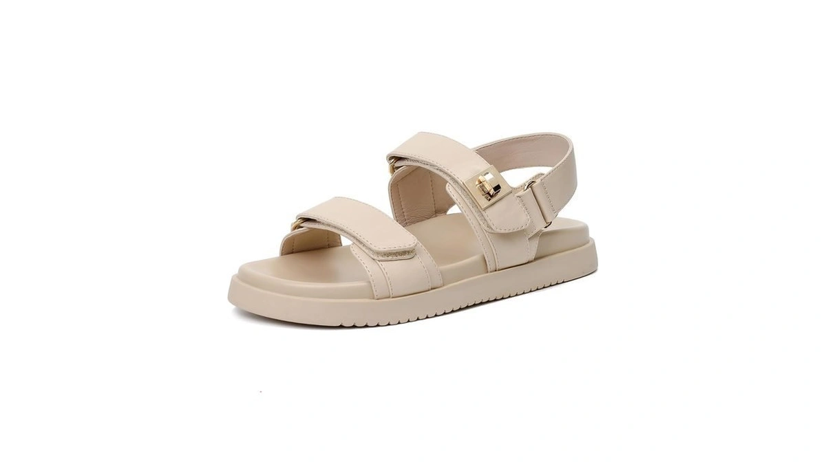 Goupsky Womens Flat Sandals Nude Double Straps Adjustable Slides With