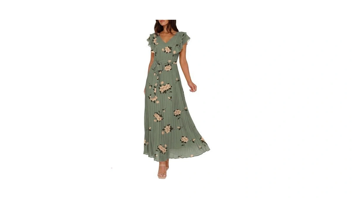 Anrabess Women Floral Pleated Maxi Dresses Summer V Neck Ruffle