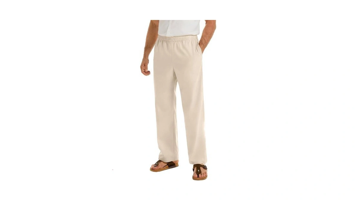 Auxo Mens Linen Pants Casual Beach Summer Elastic Waist Trousers