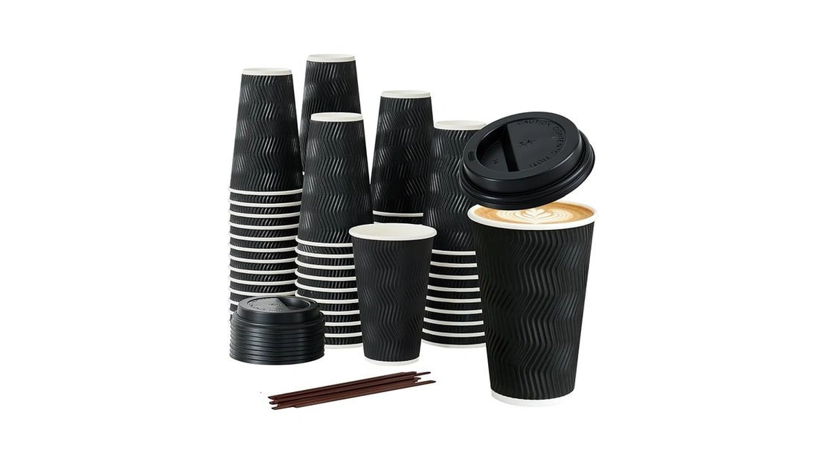 16 Oz Coffee Cups With Lids, 50 Pack Black Insulated
