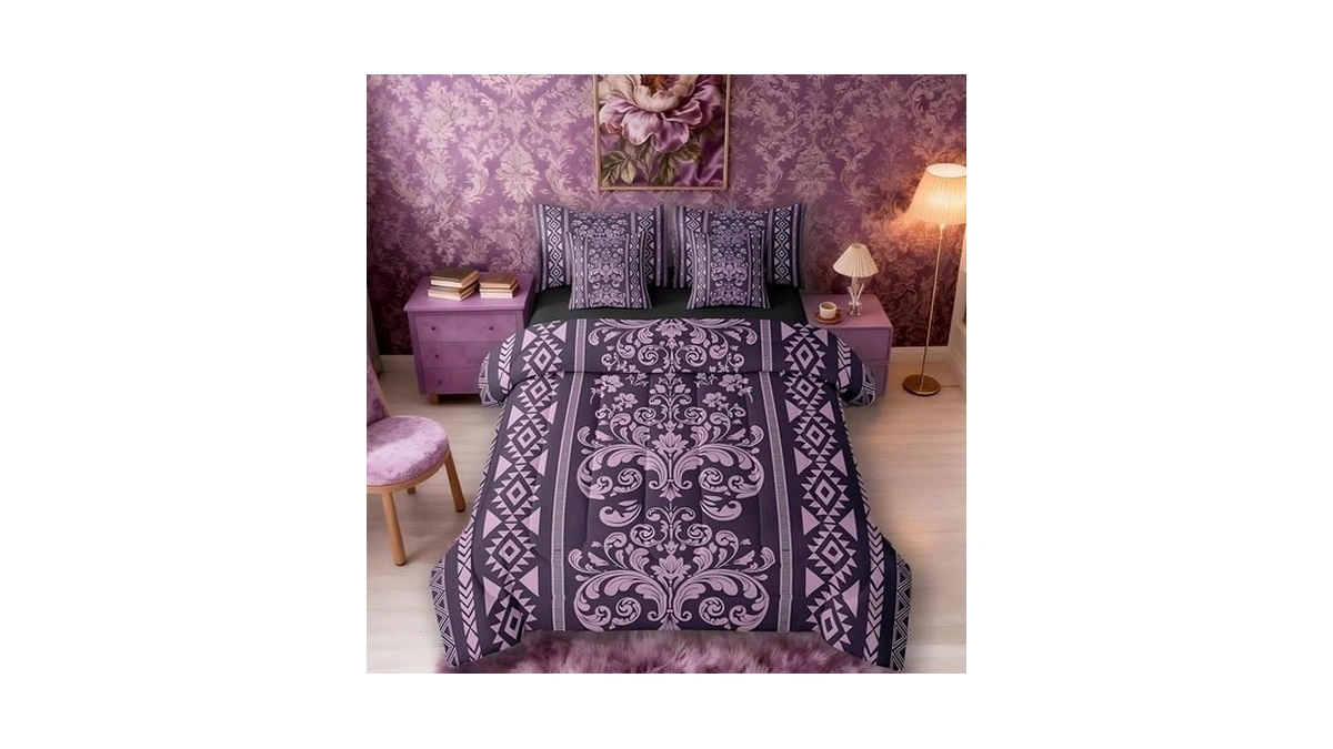 Comforter Set Twin Size, Lilac Aztec Damask 7 Pcs Bedding