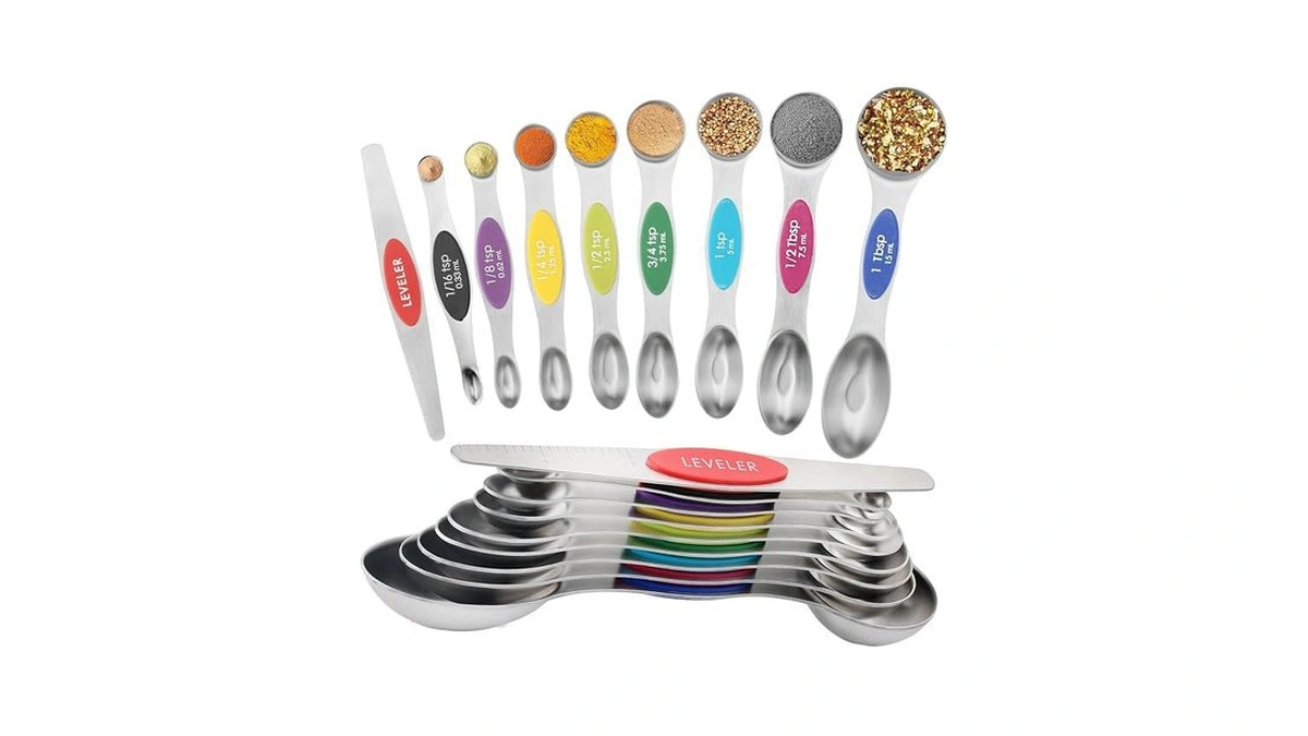 Magnetic Measuring Spoons Set Of 9 With Leveler, Color-coded Dual