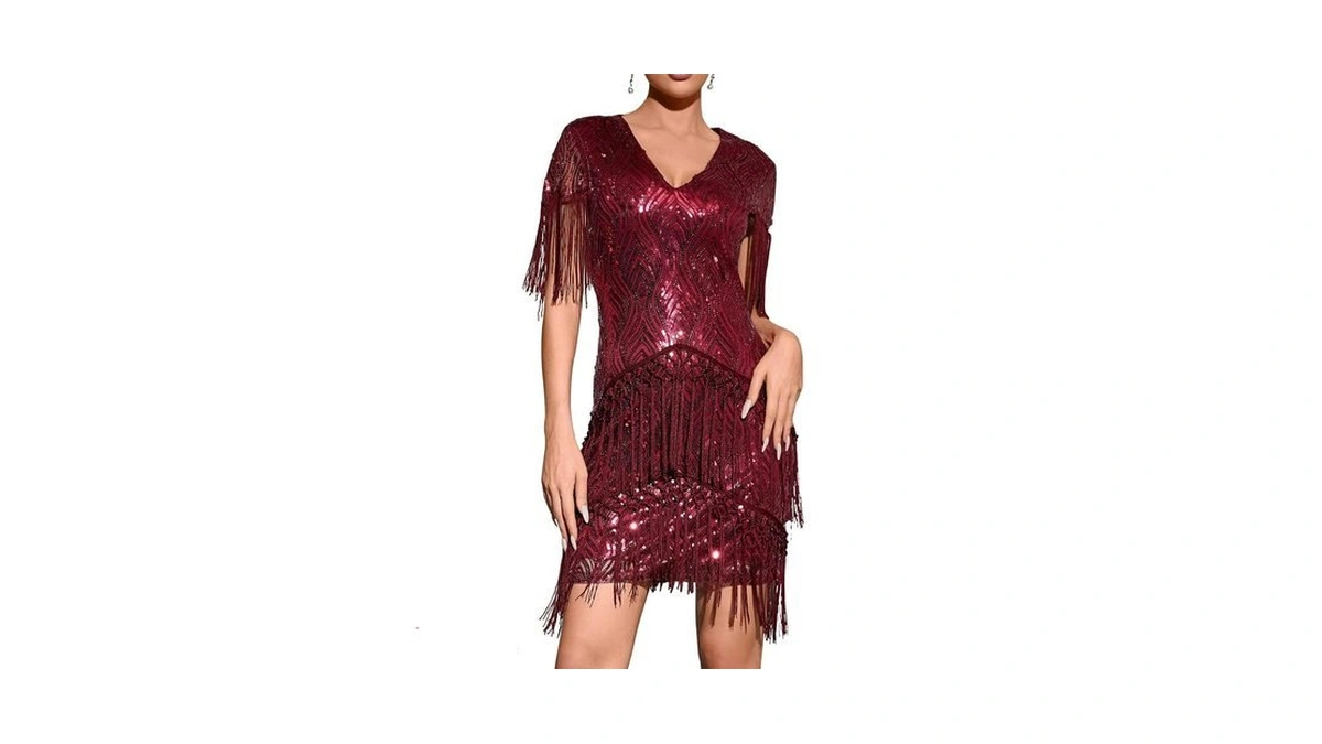 Meilun Women's Wine Midi Cap Sleeve V-neck Flapper Dress With