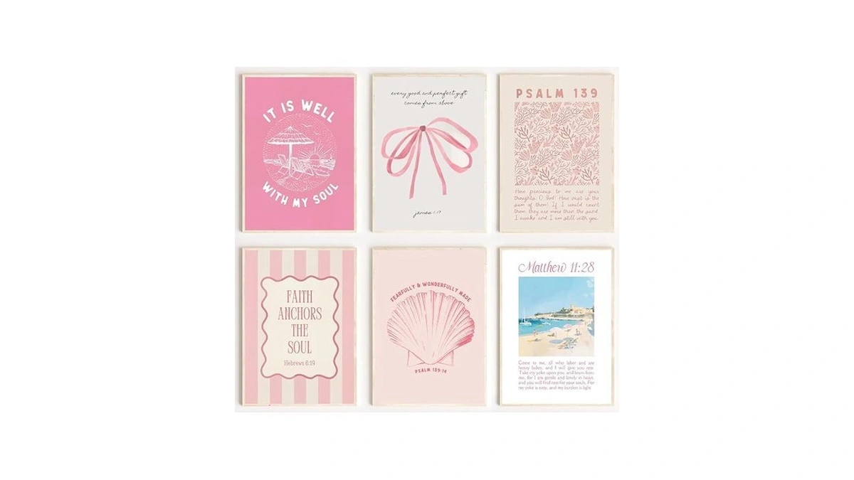 Wavkkey 6pcs Pink Christian Coastal Wall Art Bible Verse Posters