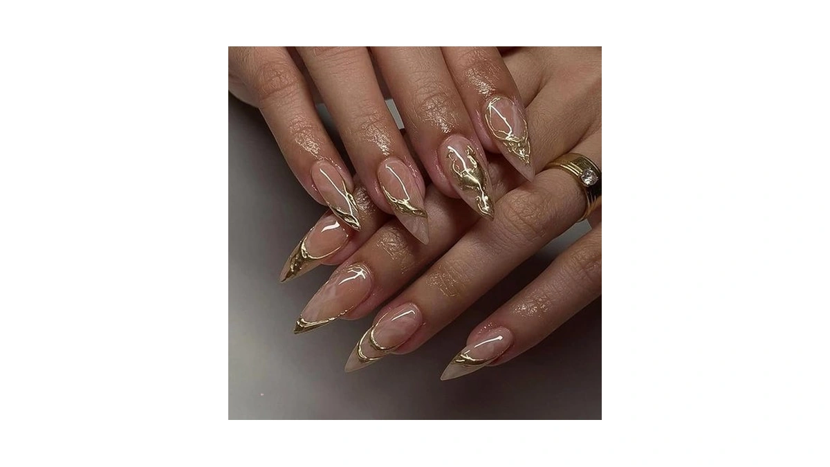 Press On Nails Almond, Fake Nails With 3d Gold Chrome